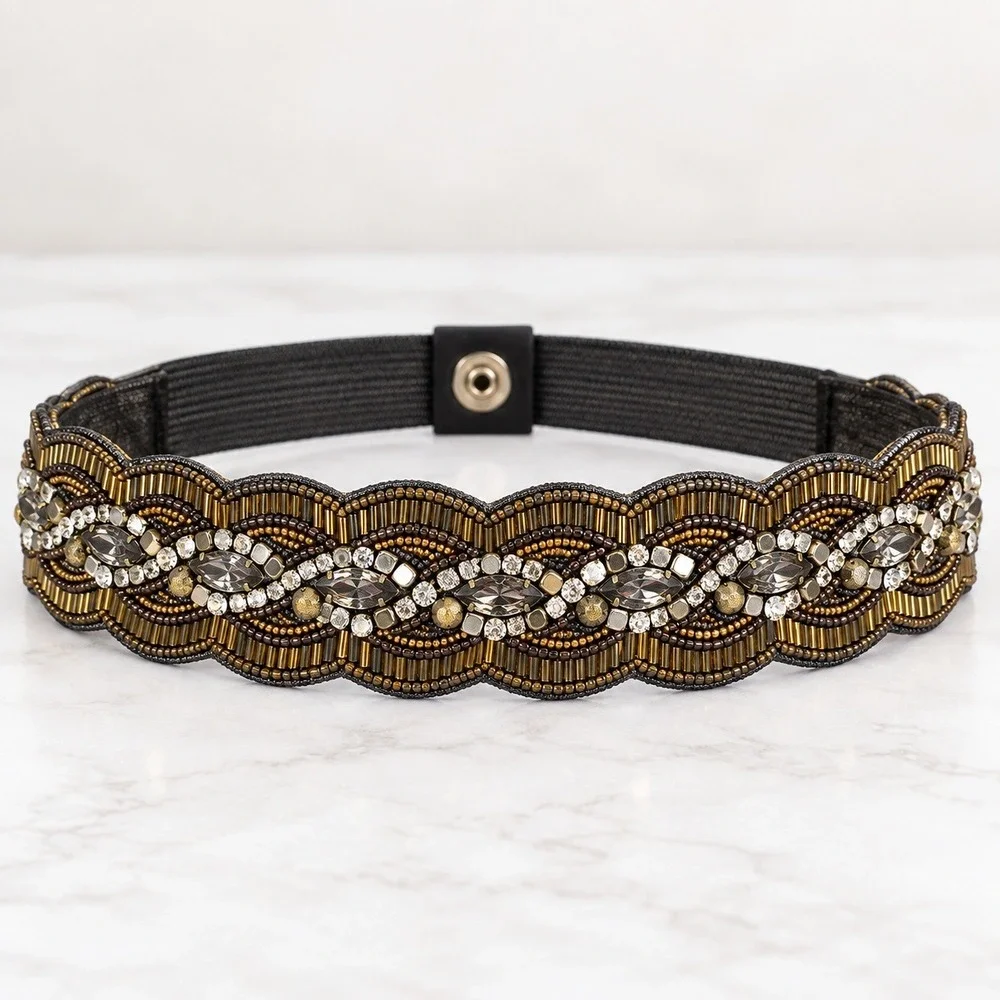 Anthropologie Beaded Rhinestone Elastic Waist Belt Women M Boho Artsy Elegant